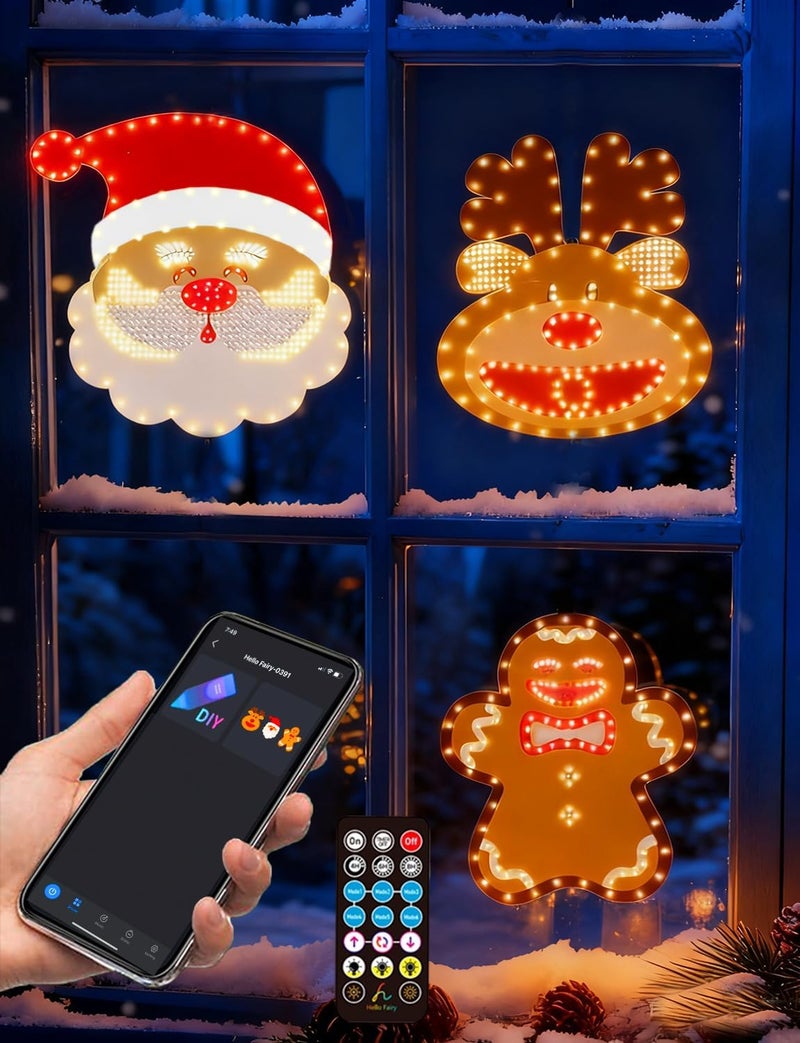 Lopanbs 3Pack 12in Smart Christmas Window Lights Decorations with Remote/App, Lighted Santa Face, Reindeer, Gingerbread Man, Timer, Music Sync, Dimmer, Holiday Indoor Outdoor Wall Door Glass Decorations - Image 1